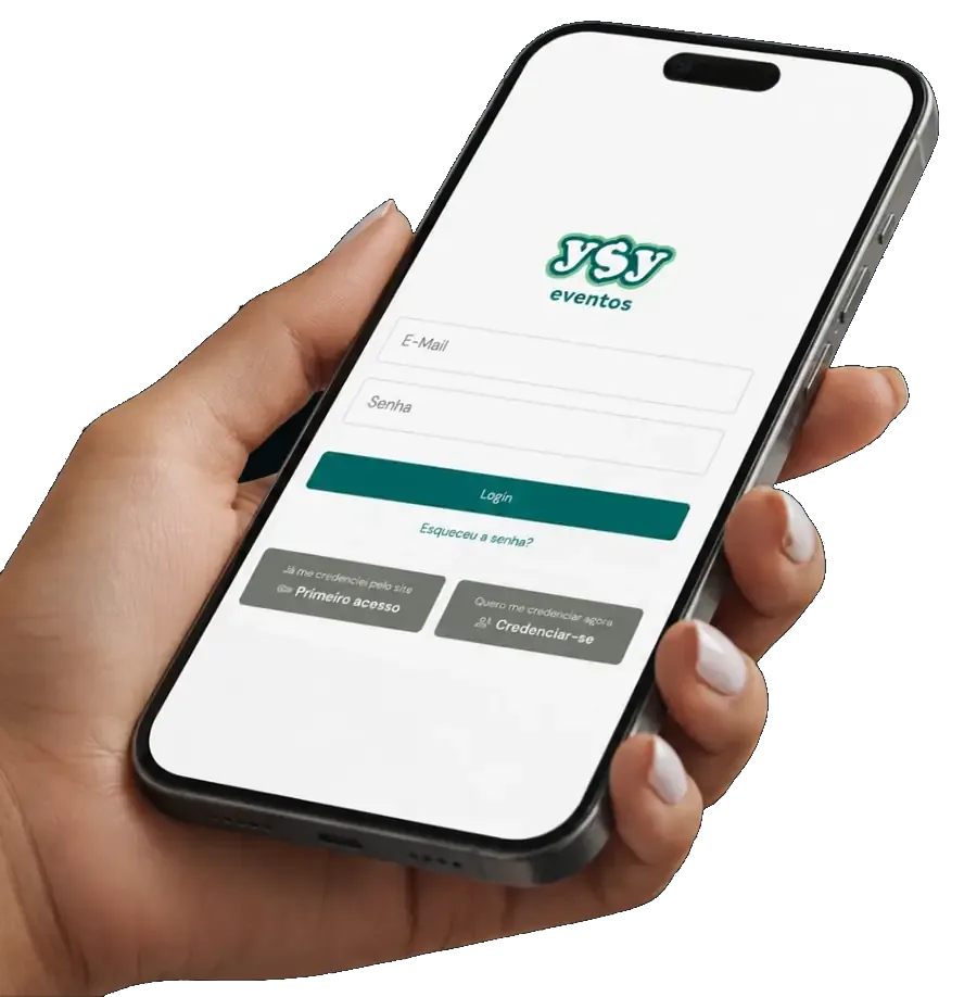 Mão segurando o celular com o app YSY Eventos